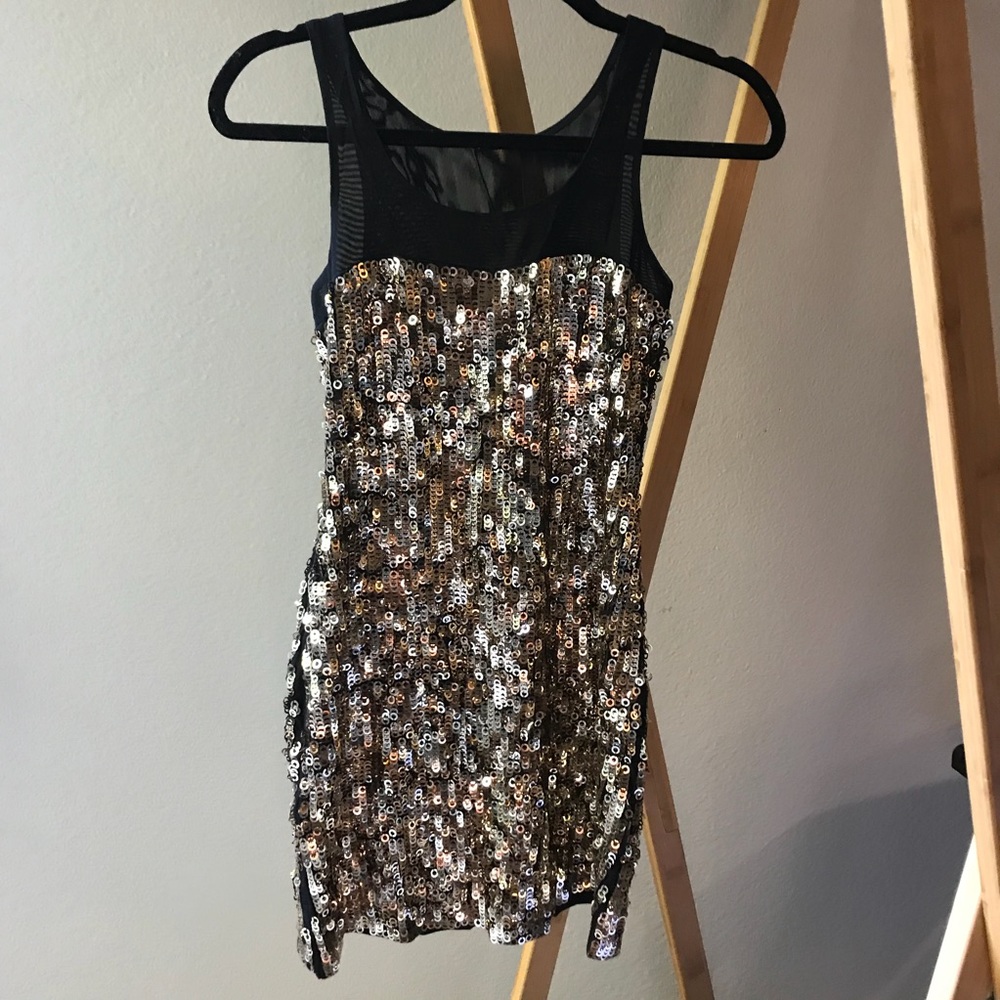 Gold Sequin and Black Mesh Party Dress
